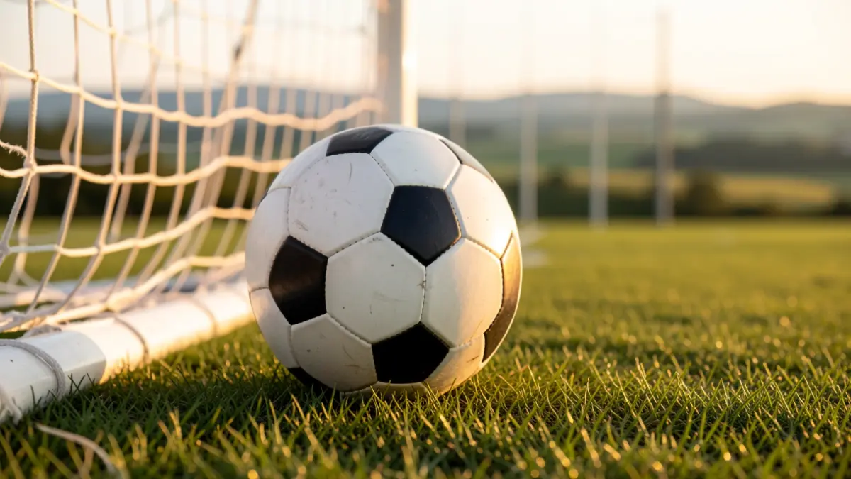 Un balón de fútbol sobre césped recién cortado, con la red de la portería desenfocada al fondo y luz del atardecer.