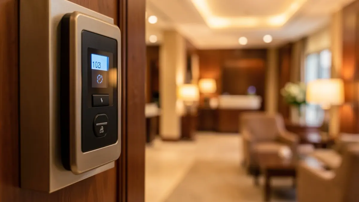 Generic image: hotel key card reader with a blurred hotel lobby in the background.