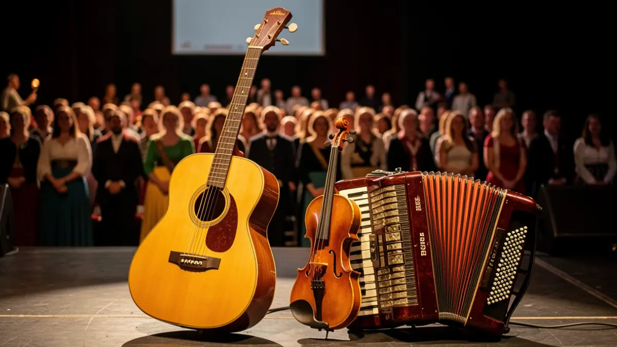 Irudi generikoa: gitarra akustiko bat, biolin bat eta akordeoi bat ondoan, argi gutxiko eszenatoki batean.