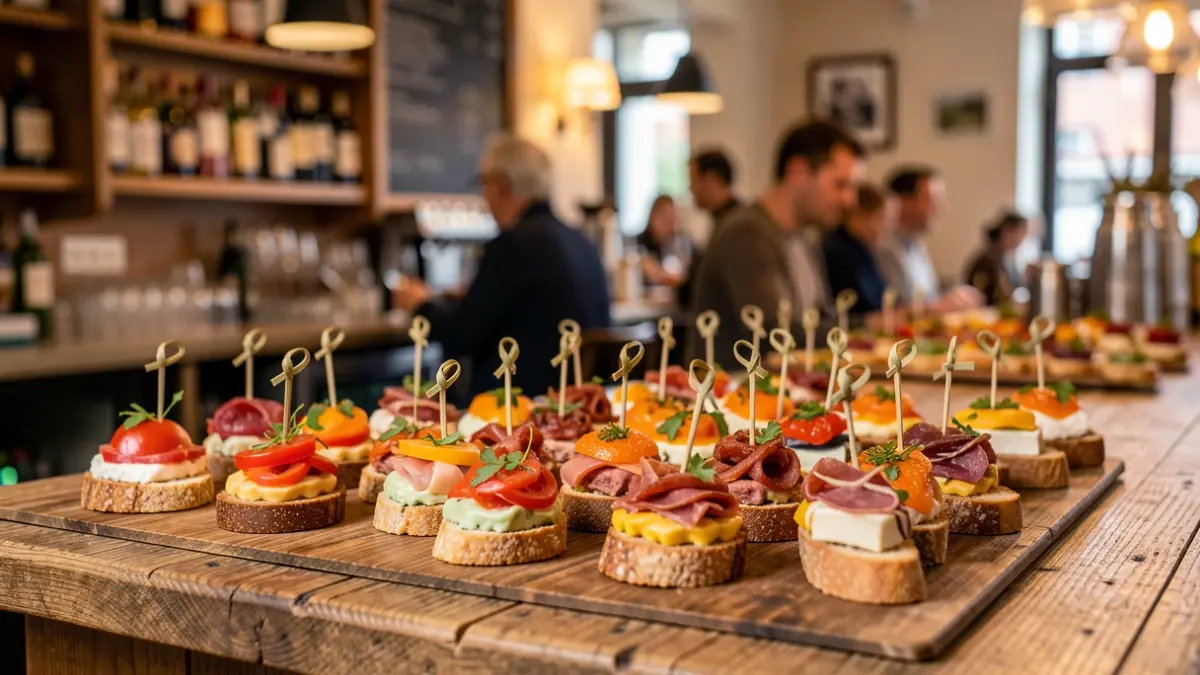 Generic image of a variety of pintxos on a bar counter.