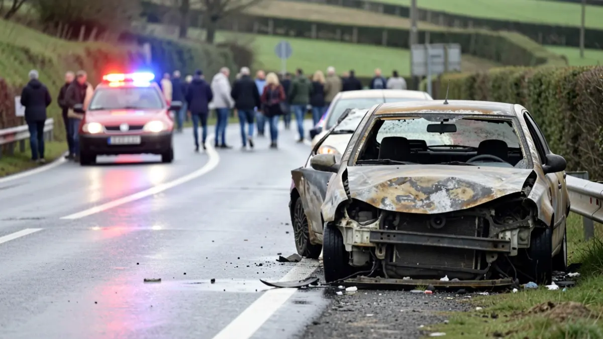 Errepide bazterrean erabat kiskalduta geratu den auto baten irudia, Euskal Herriko errepide batean, atzealdean argi gorri eta urdin distiratsuak.
