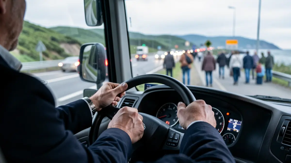 Autobus gidariaren eskuak bolanteari helduta, errepideko argi lausoak eta autobidearen arrasto bat atzealdean.