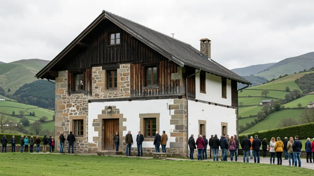 Generic image: Facade of a traditional Basque stone building with a dark roof and white walls, in a green valley.