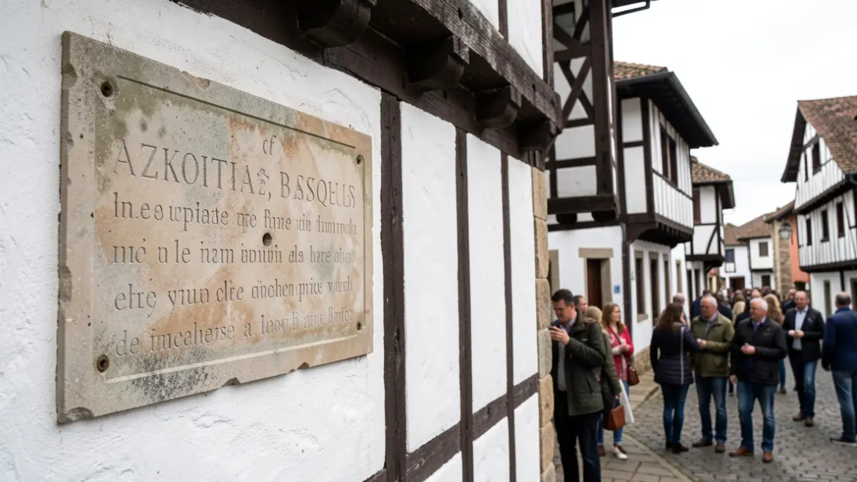 Placa de piedra desgastada en la pared de un edificio histórico de Azkoitia, con texto descolorido.