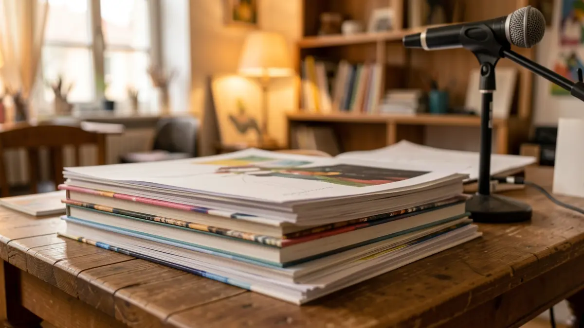 Generic image of books, a microphone, and a creative space.