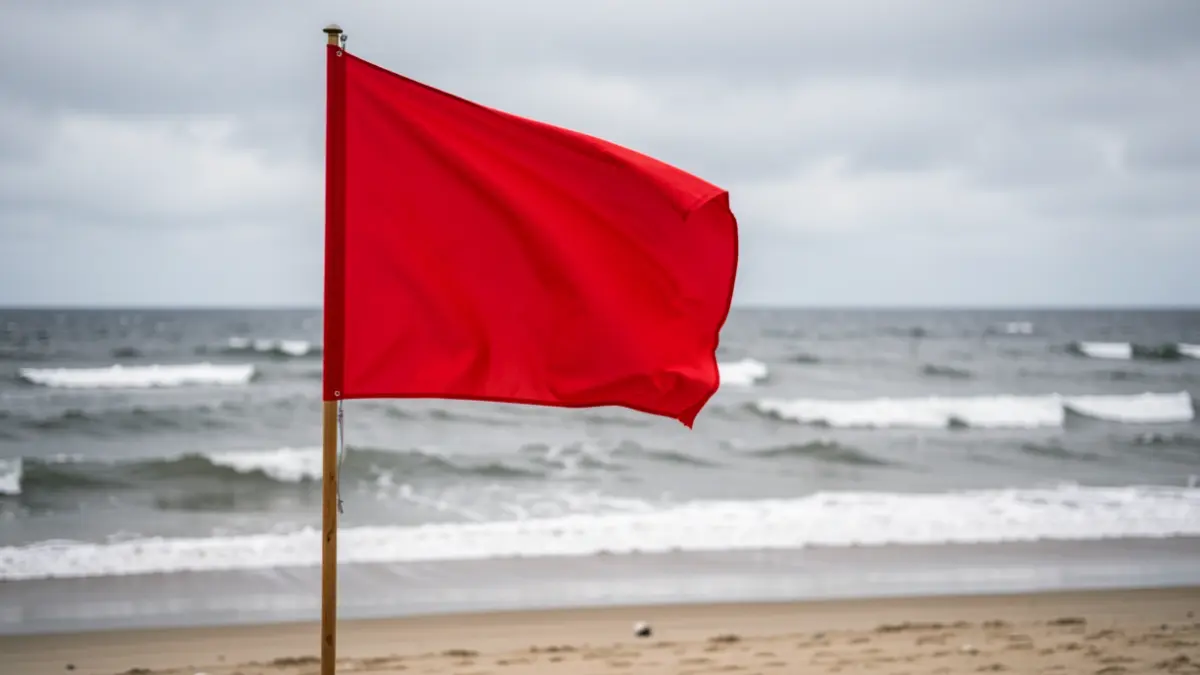 Generic image: Red flag on the beach, with grey waves and overcast sky.