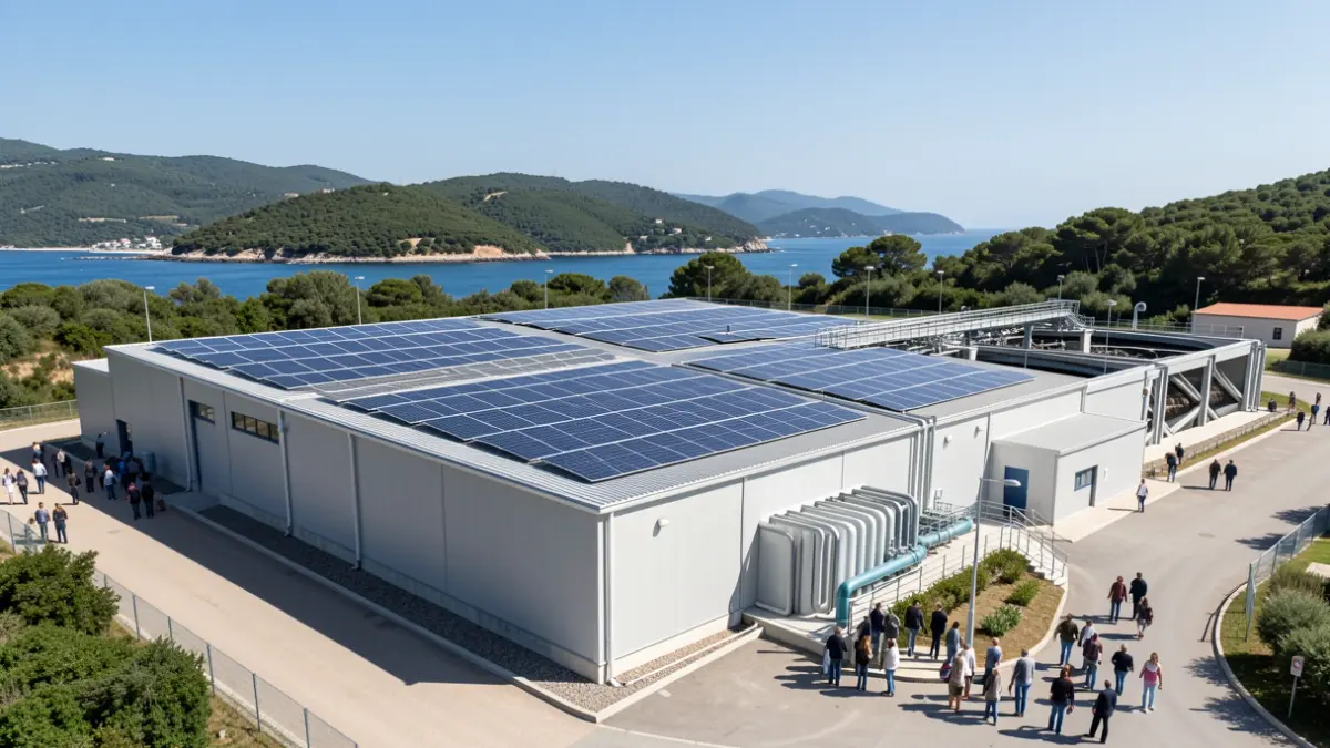 Vista exterior de una planta de tratamiento de aguas residuales moderna con paneles solares en el tejado, ubicada cerca de la costa con colinas verdes al fondo.