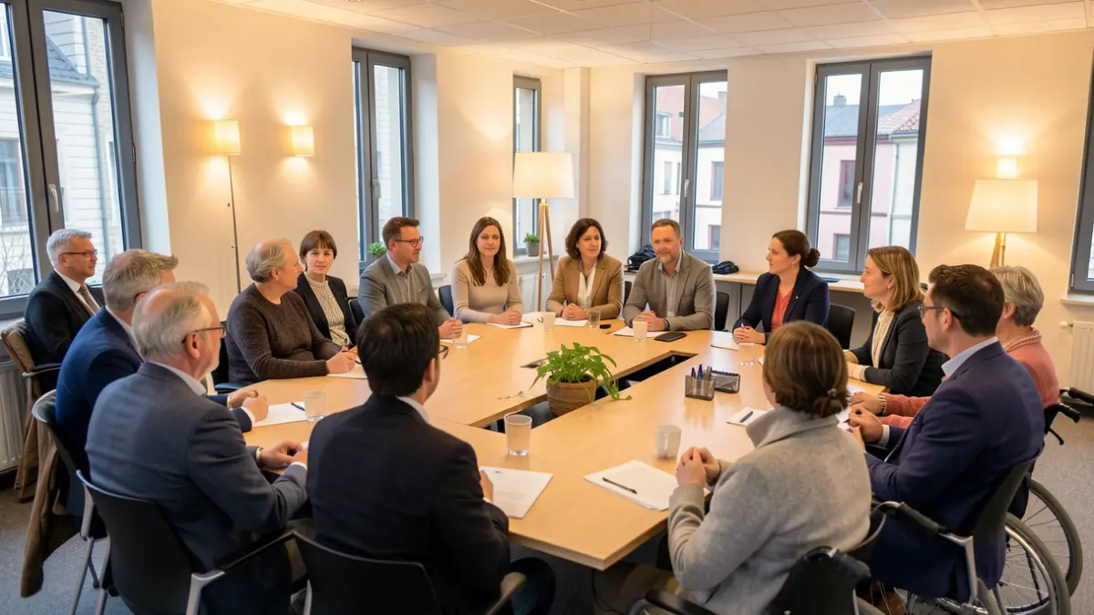 Generic image: A diverse group of people gathered in a modern meeting room in Euskadi, participating in a discussion about accessibility.