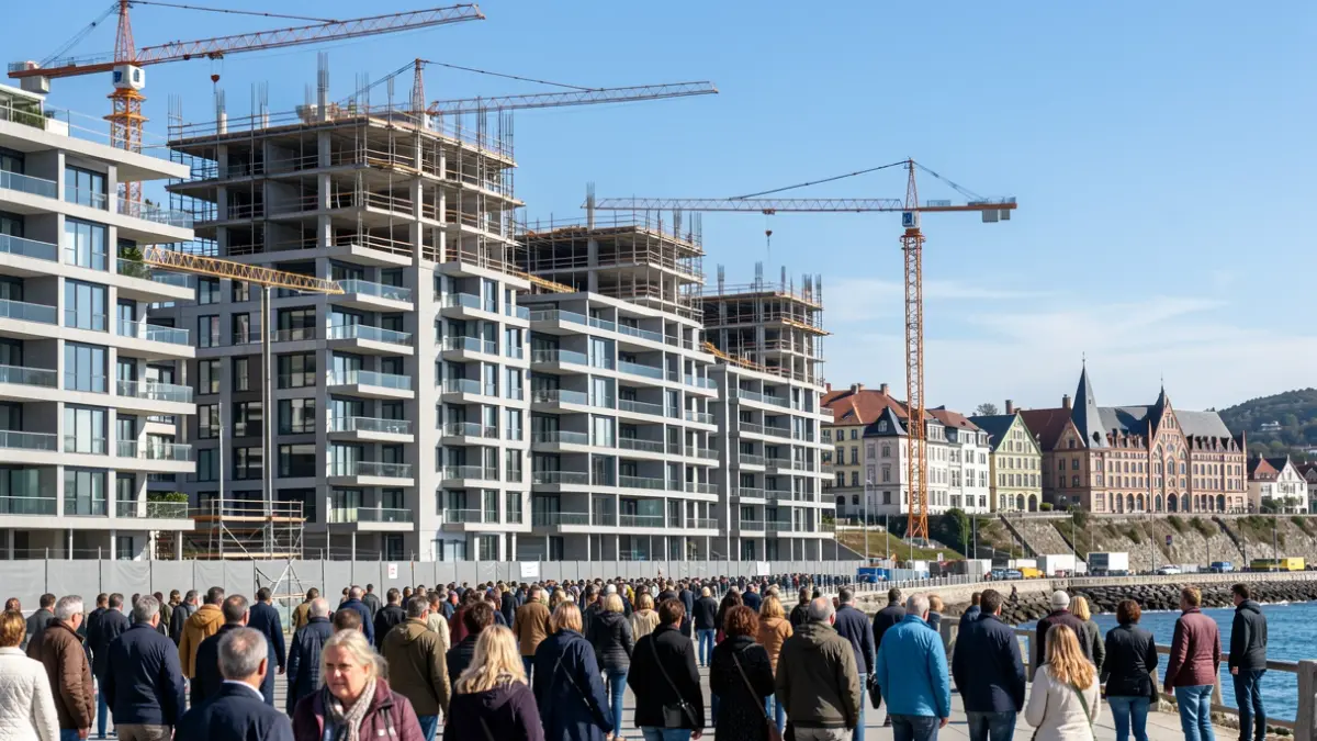 Nuevos bloques de viviendas de construcción moderna en una ciudad costera de Euskadi, con grúas de construcción visibles y toques de arquitectura vasca.