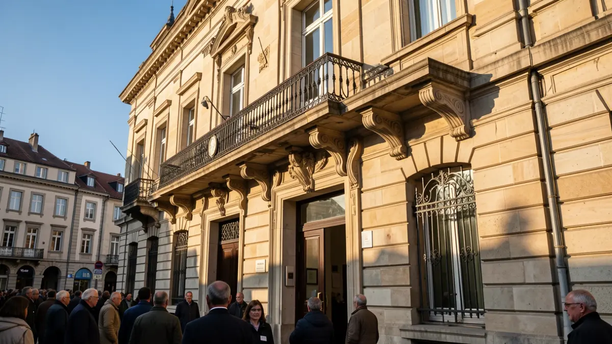 Imagen genérica: Fachada de piedra del ayuntamiento de Barakaldo con balcón y barandillas de hierro, luz de tarde.