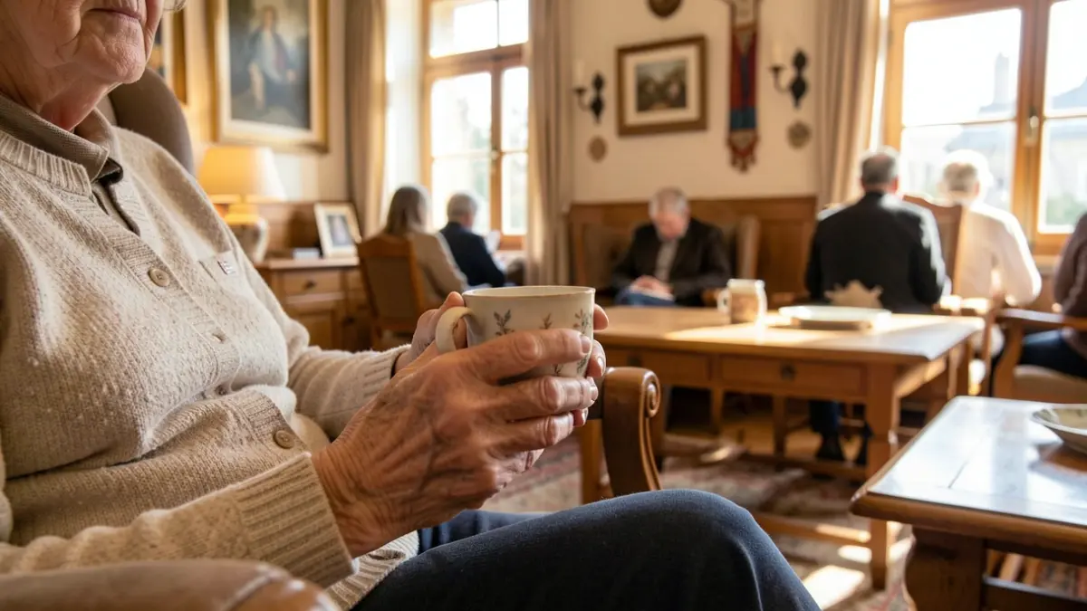 Close-up of an elderly woman's hands holding a cup of tea, sitting in a comfortable armchair in a sunlit room.