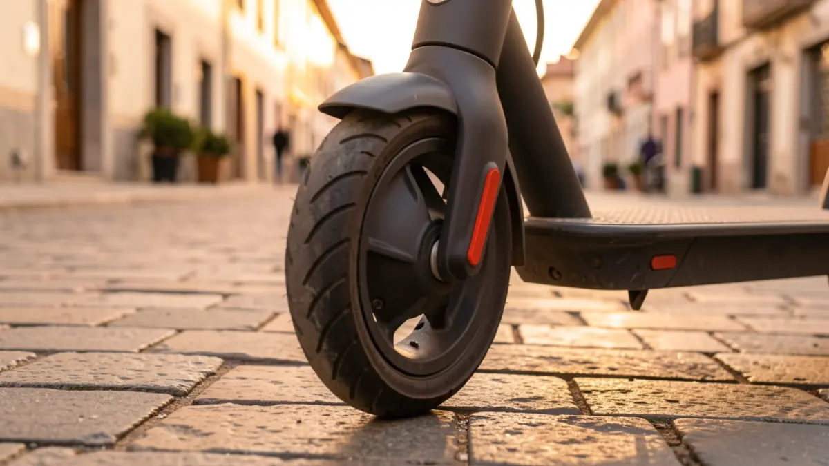 Generic image: Close-up of an electric scooter wheel parked on a stone-paved street in Basauri, with warm evening light.