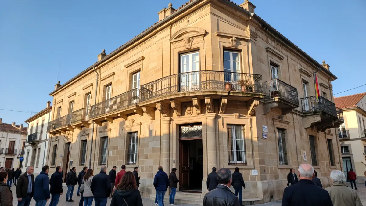 Generic image: Stone facade of Basauri town hall with ornate balcony and iron railings, afternoon sunlight casting shadows.