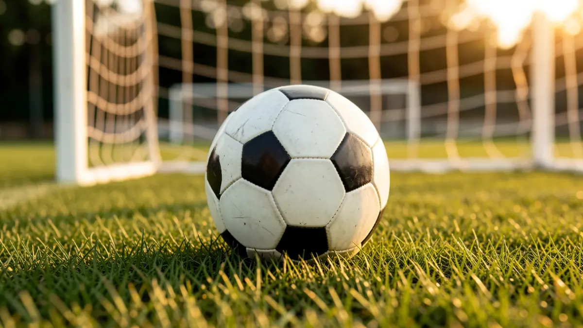 Close-up of a soccer ball on grass, with the goal net blurred.