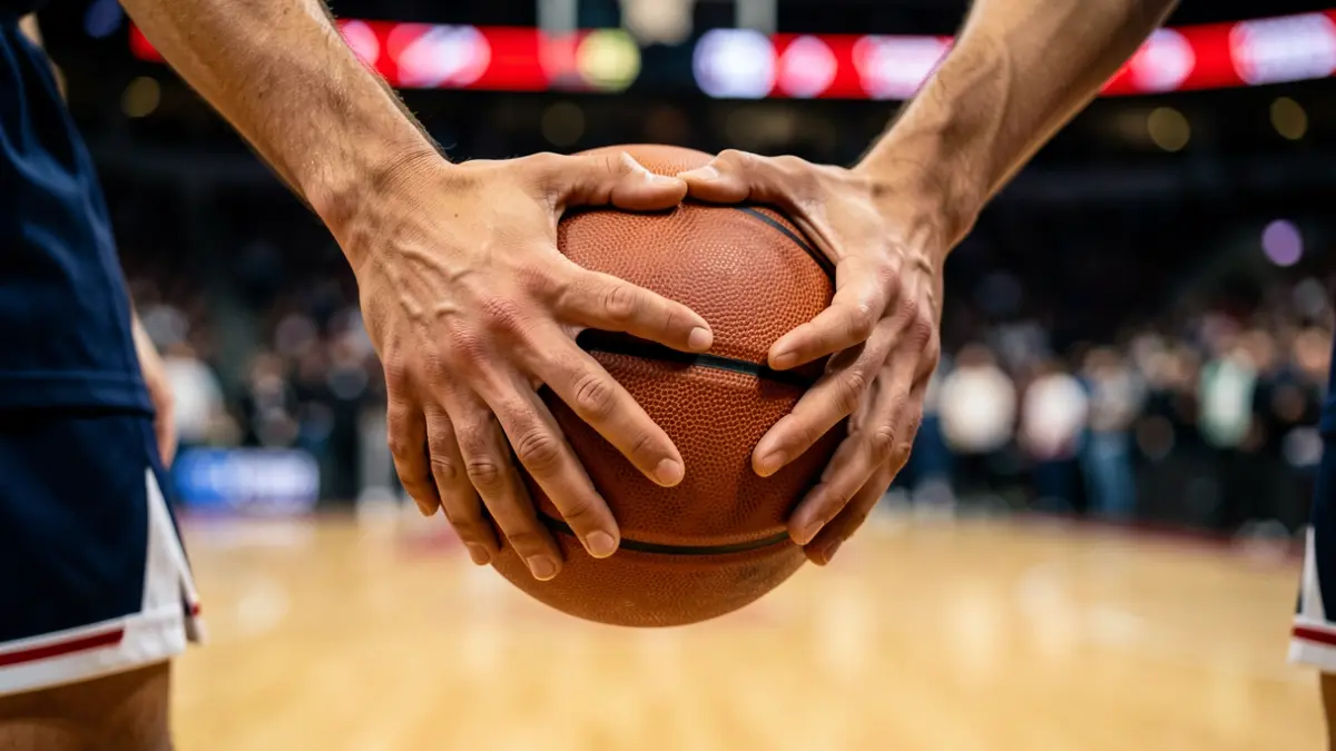 Hands of a Surne Bilbao basketball player gripping a ball, with a blurred background of a stadium's wooden court and faint red and white lights.