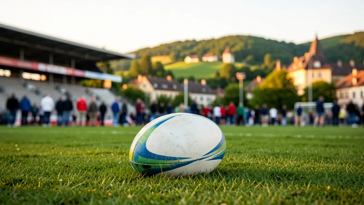 Rugby ball on grass with blurred stadium in the background, golden hour light.