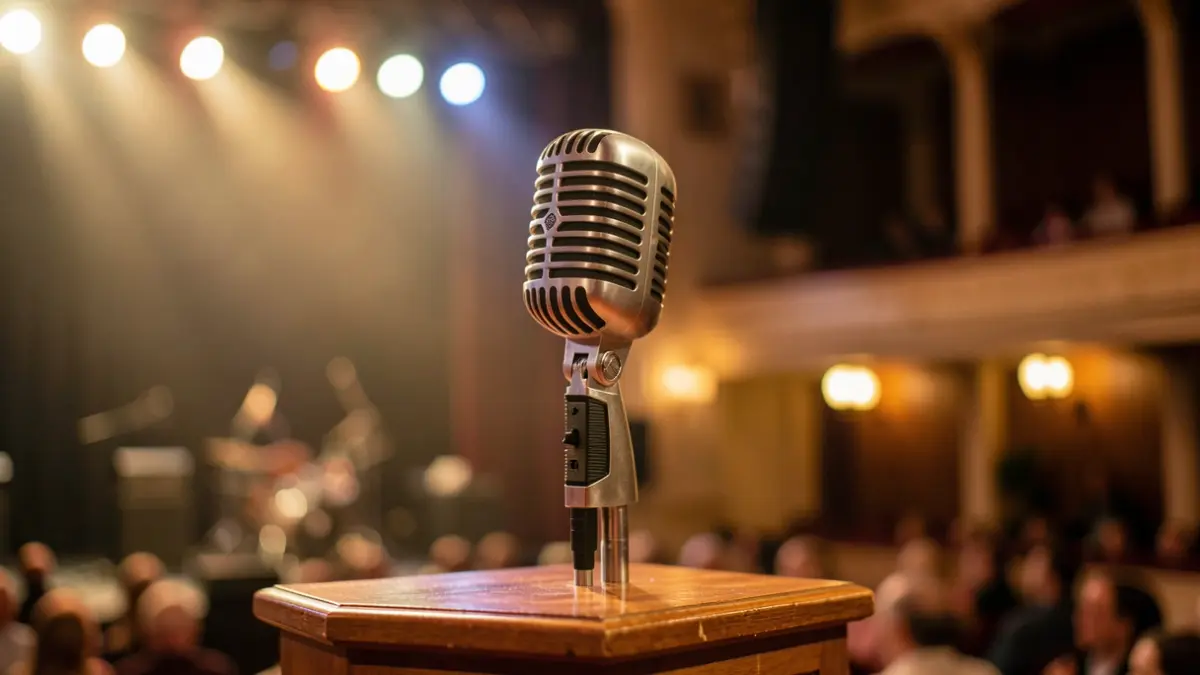 Primer plano de un micrófono vintage sobre un soporte de madera, con luces de escenario borrosas y un atisbo de sala de conciertos al fondo. Iluminación cálida y atmosférica.