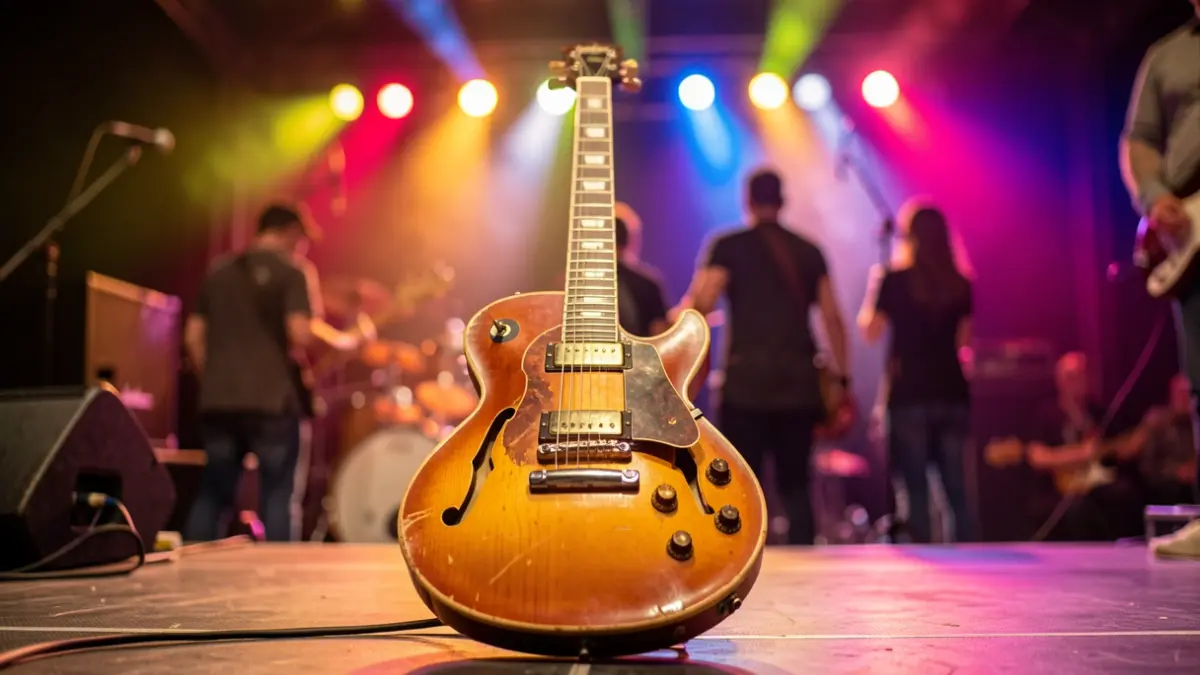 Generic image of a concert stage with an electric guitar and colorful lights.