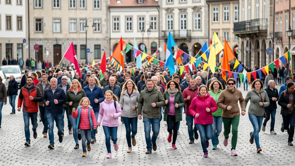 Imagen genérica: un grupo de personas corriendo y caminando juntas en una plaza, con un ambiente festivo.