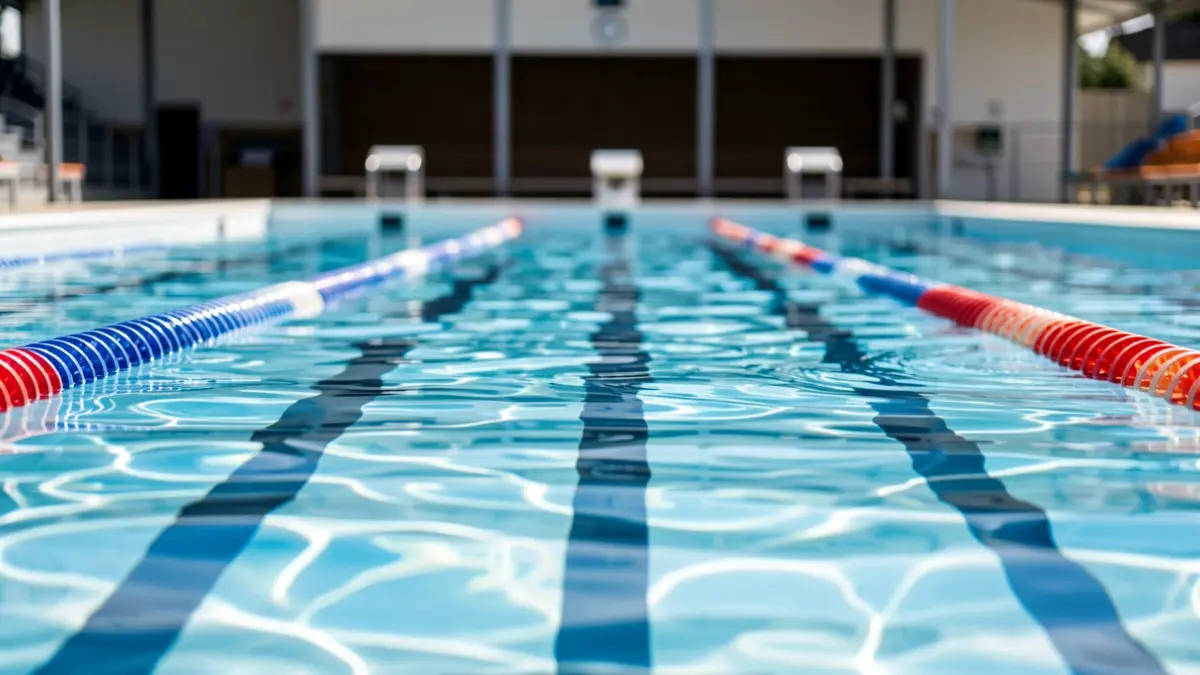 Una piscina de agua clara, con las corcheras visibles y un polideportivo difuminado al fondo.