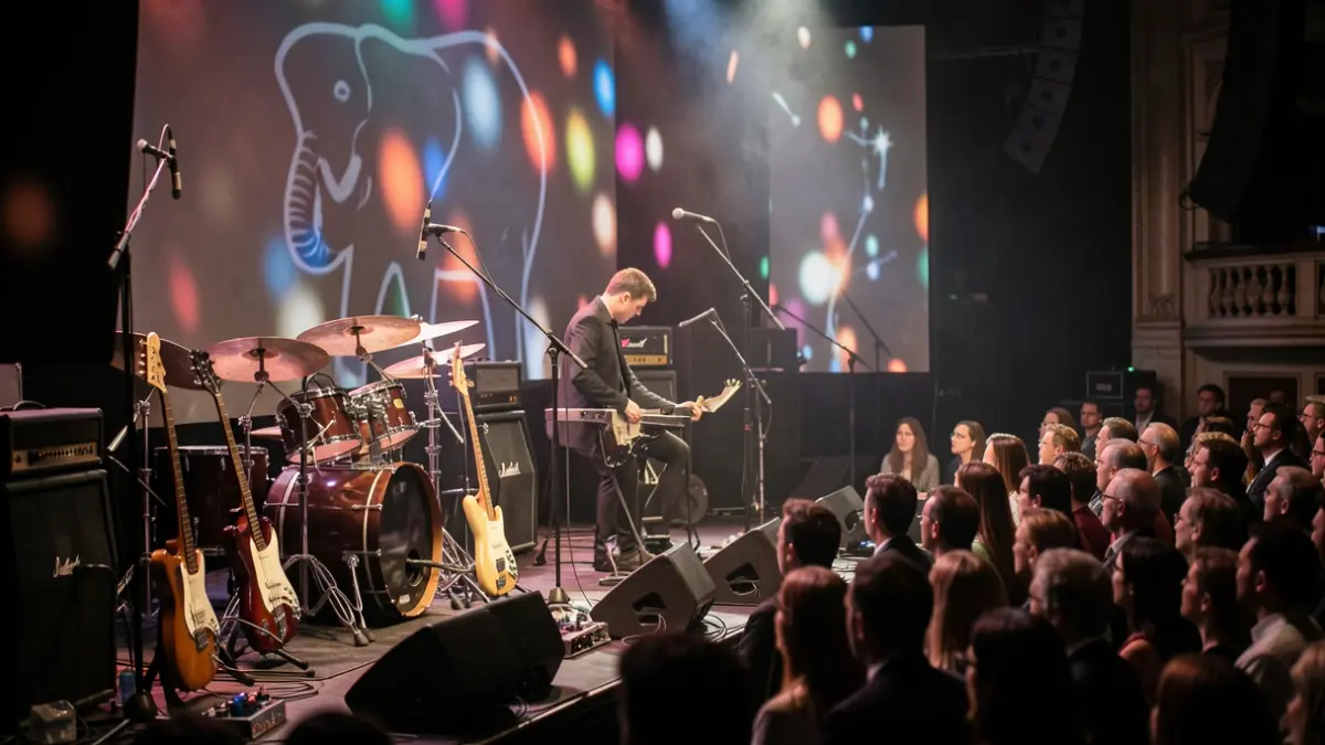 Eszenatoki argiztatua musika tresnekin eta elefante logo batekin.