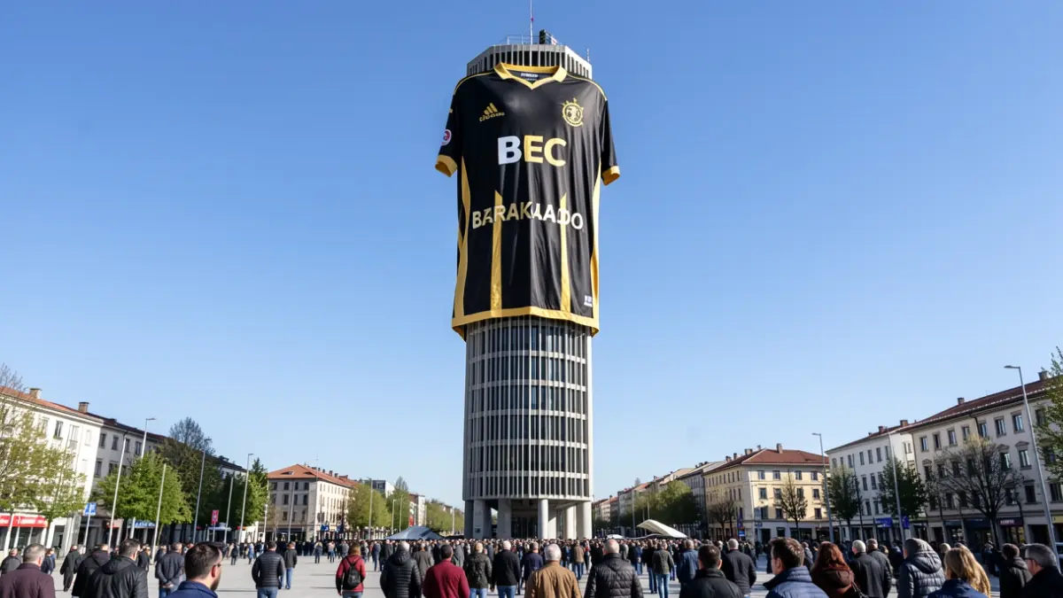 Imagen genérica: Una camiseta de fútbol gigante colgada de la torre BEC, Barakaldo, Euskadi.