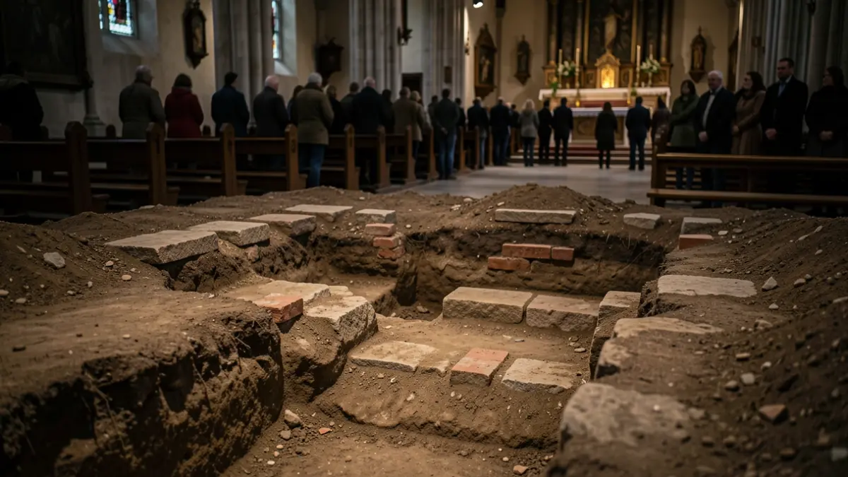 Generic image: Archaeological excavation inside a church, showing layers of earth and ancient stone structures.