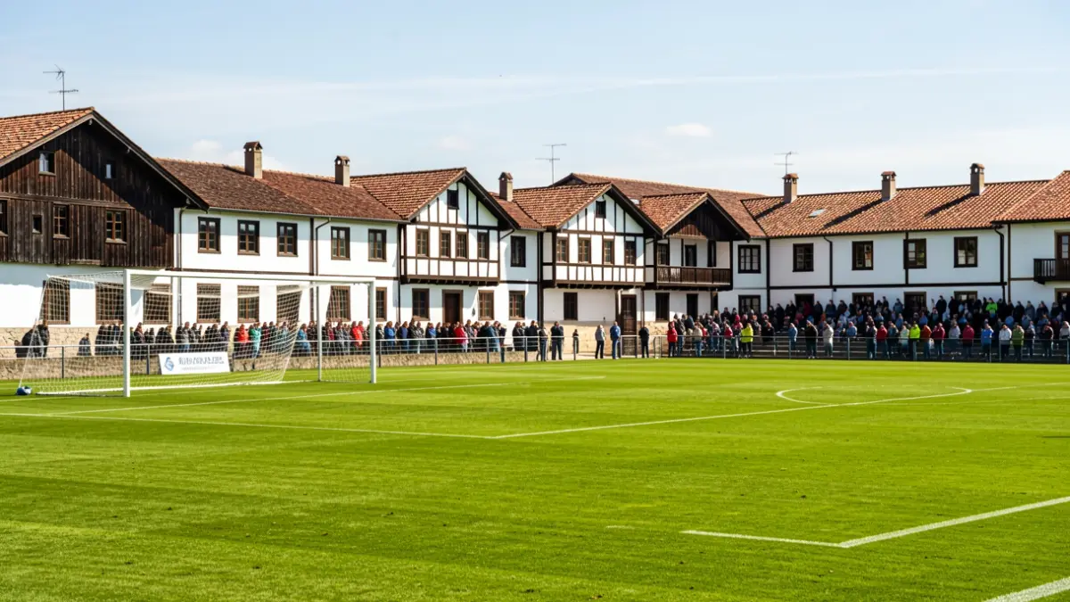Football pitch in the Basque Country with green grass and goalposts, under a bright sky. In the background, traditional Basque architecture.