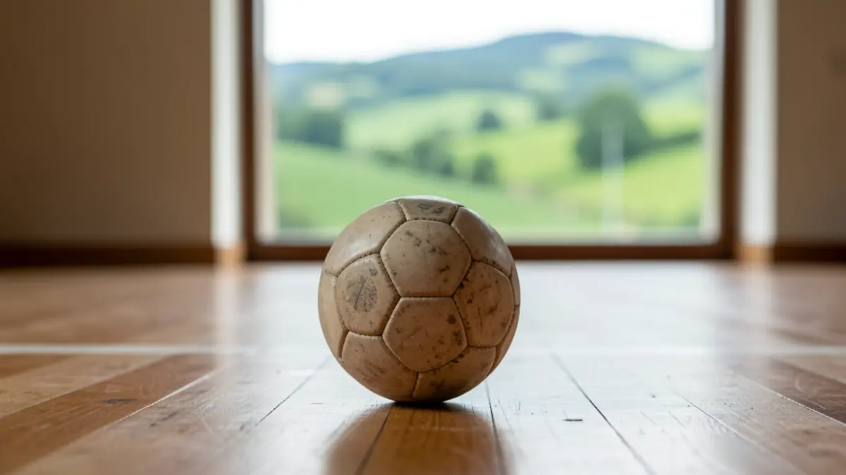 Pelota y manos de un pelotari, con paisaje del País Vasco al fondo.