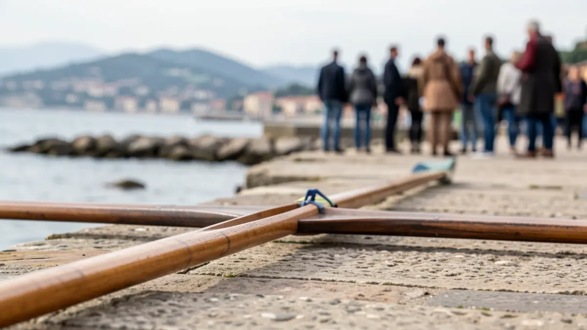A wooden rowing oar resting on a stone pier in Orio, with a blurred coastal landscape in the background.