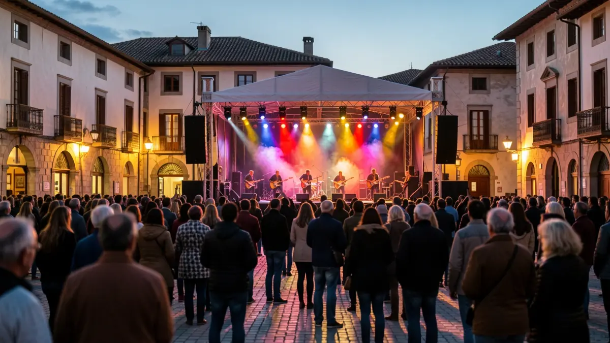 Irudi generikoa: Euskal herri plaza batean arratsaldeko argitan kanpoko musika jaialdi eszenatokia, ikusle talde lausoak emanaldiari gozatzen. Argiztapen koloretsua.