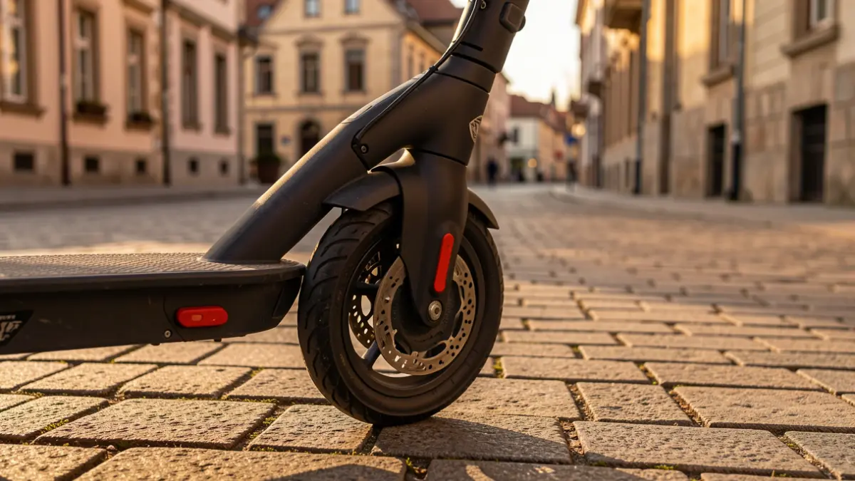 Irudi generiko bat Vitoria-Gasteizko espaloi batean aparkatutako patinete elektriko baten gurpilari buruzkoa, argi epelak itzal luzeak sortzen dituen bitartean.