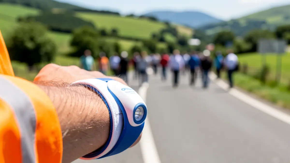 Generic image: a wristband on a road worker's arm, with a landscape of Euskadi in the background.