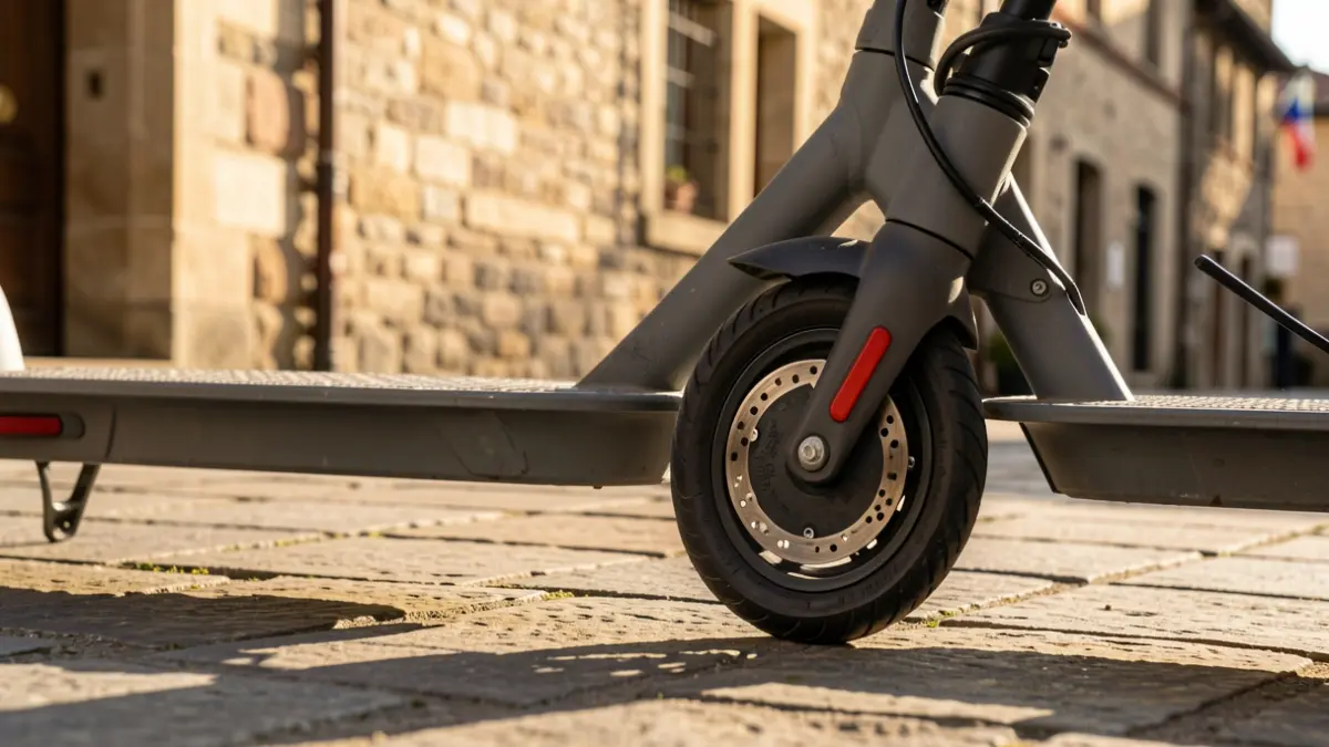 Irudi generikoa Bizkaiko herri bateko harrizko espaloi batean aparkatutako patinete elektriko baten gurpilari buruzkoa, arratsaldeko eguzki argi beroak itzal luzeak sortzen ditu.
