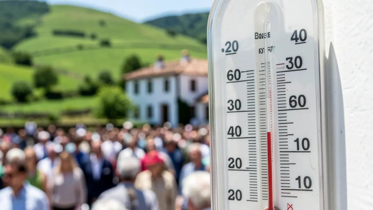 Generic image: thermometer showing high temperature, with Basque hills and bright sun in the background.