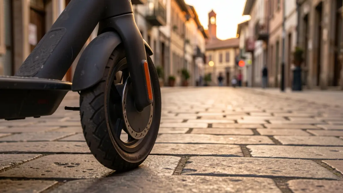 Imagen genérica: Primer plano de la rueda de un patinete eléctrico aparcado en una acera empedrada de un pueblo vasco, luz cálida de tarde.