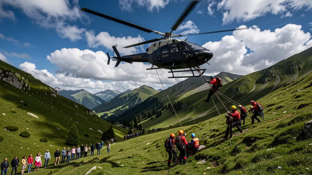 Helikoptero bat mendi-hegal berde batean zintzilik, erreskate talde bat pertsona batengana jaisten ari dela.