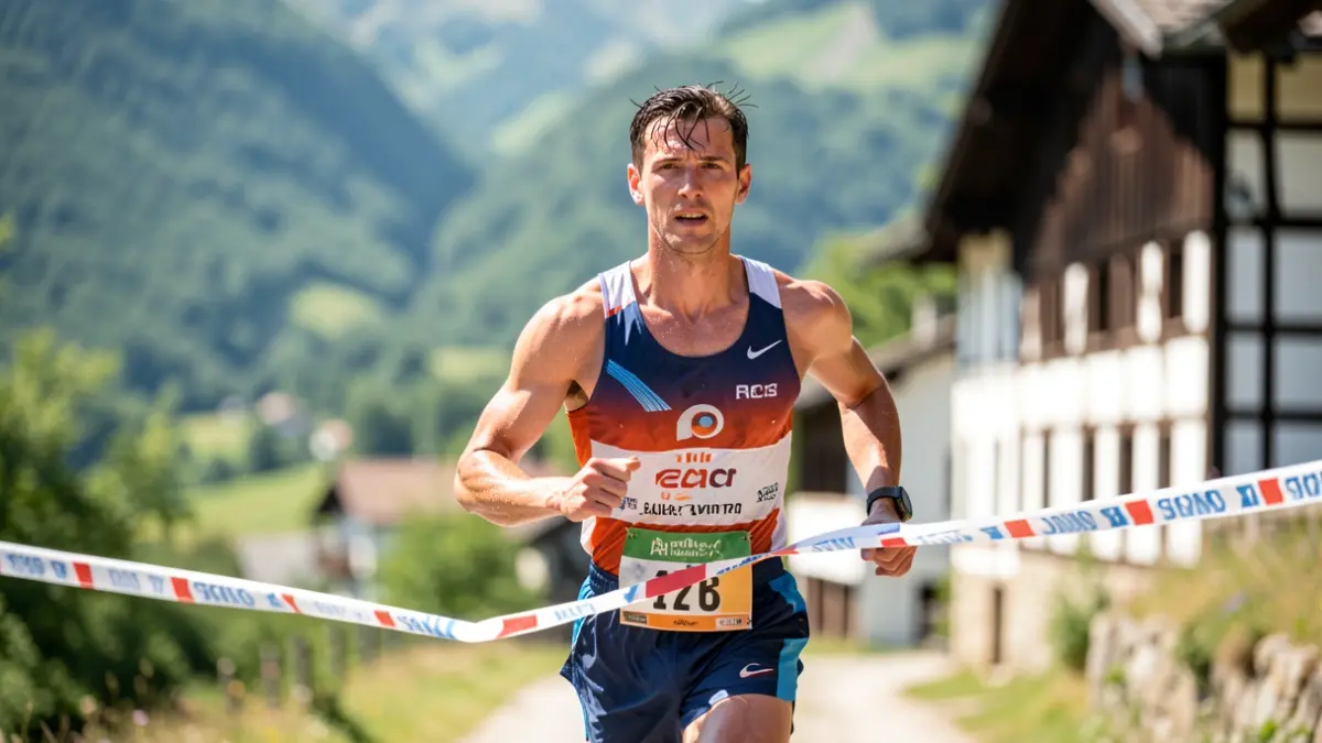 A runner crosses a finish line in a Basque Country valley, sweat visible, with green mountains and traditional Basque architecture in the background.