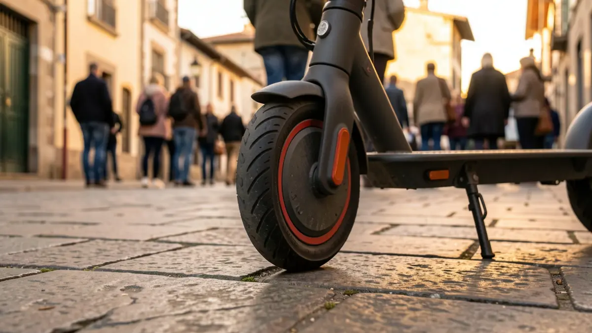 Imagen genérica: Primer plano de la rueda de un patinete eléctrico aparcado en una acera empedrada de un pueblo de Bizkaia, con luz cálida de tarde.