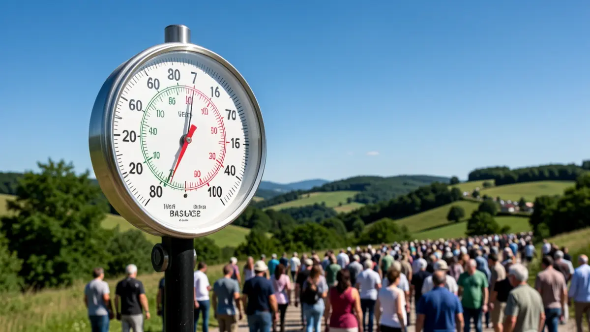 Un termómetro como símbolo de una ola de calor, frente a un cielo azul claro y colinas verdes del País Vasco.