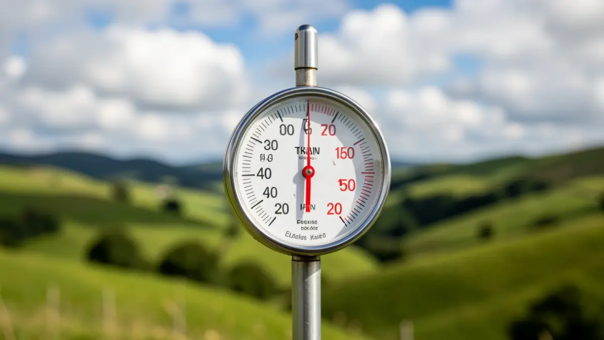 Imagen genérica: Termómetro mostrando una alta temperatura frente a colinas vascas verdes y un cielo parcialmente nublado.