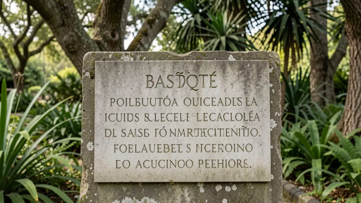 Imagen de primer plano de una placa informativa histórica en el jardín botánico de Berrizjauregi, con follaje verde y árboles antiguos al fondo.