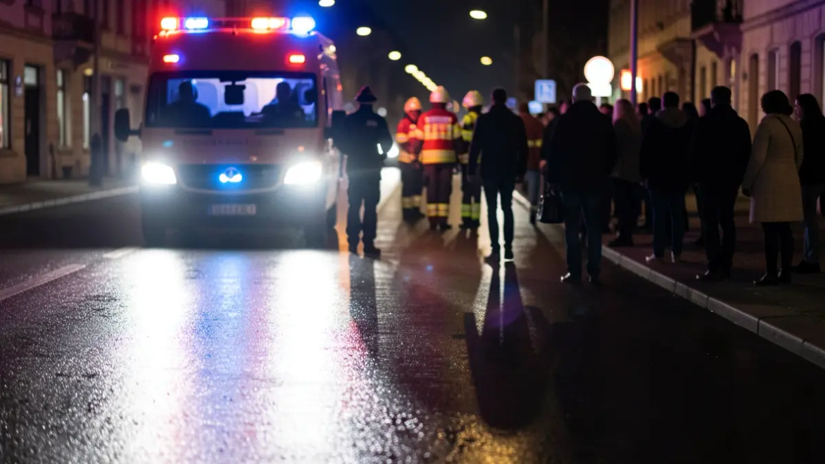 Emergency lights reflected on wet asphalt at night.