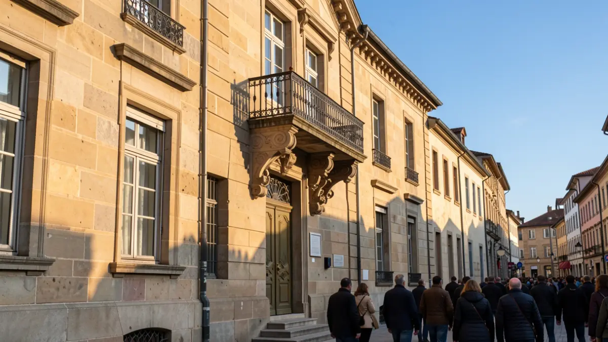 Imagen genérica de la fachada de piedra de un ayuntamiento del País Vasco con balcón ornamentado y barandillas de hierro, con la cálida luz del sol de la tarde.
