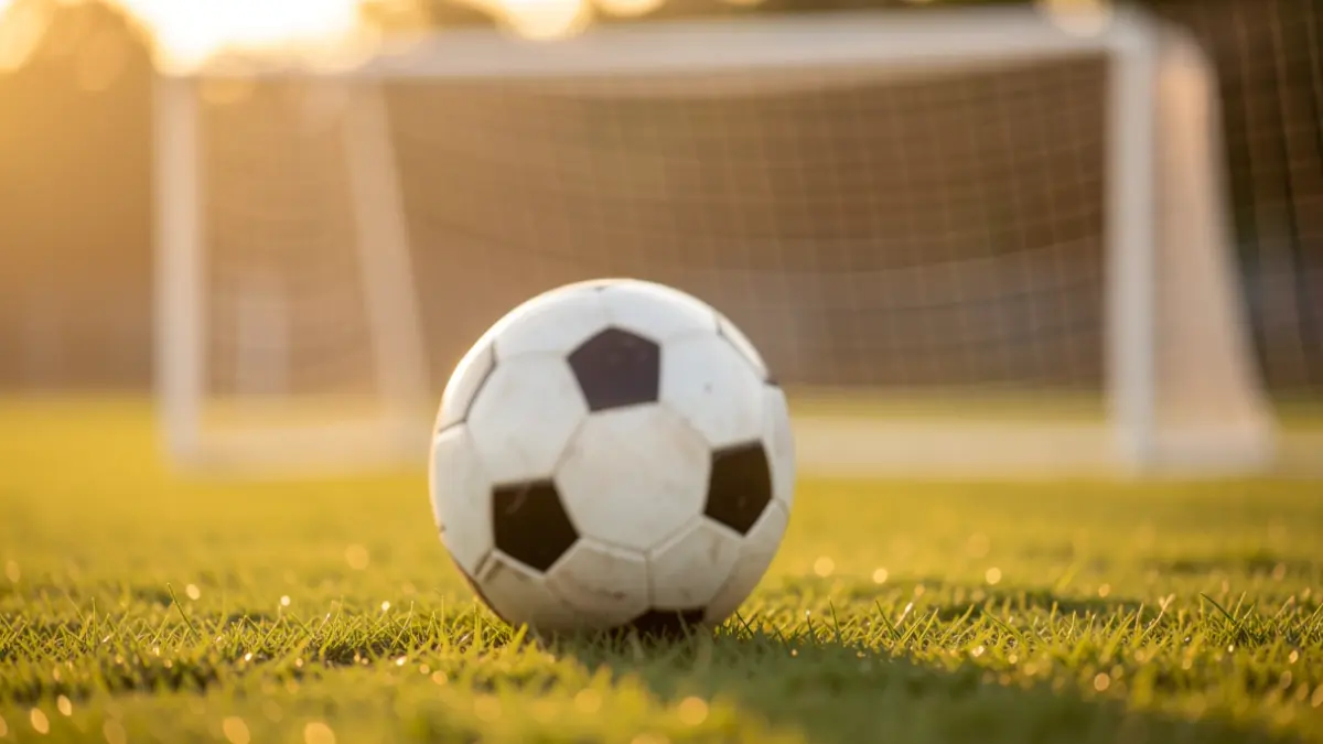 Blurred image of a football field, with the ball and goal net out of focus.