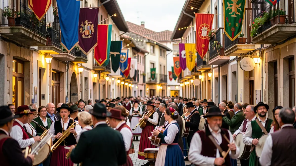 Imagen genérica: Ambiente callejero de un pueblo vasco durante un festival folk, con músicos y pancartas.