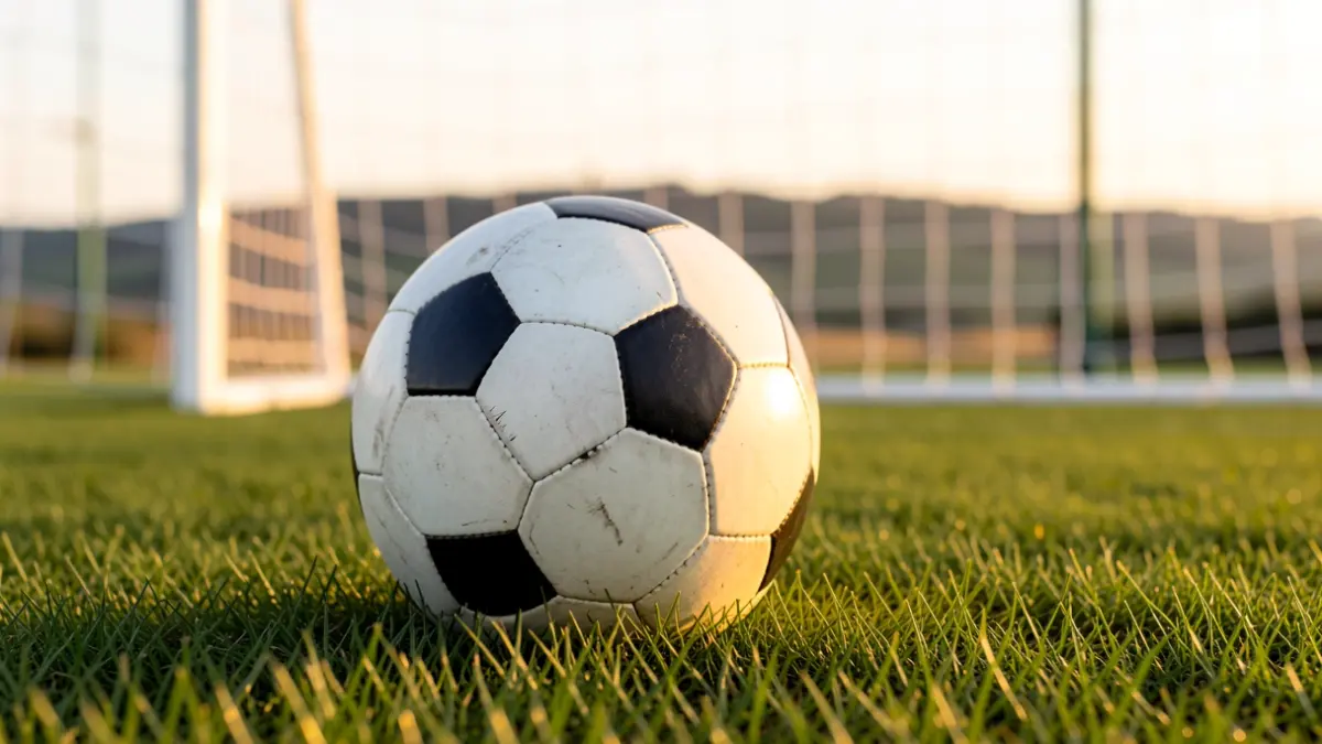 Futbol zelai batean dagoen baloiaren argazkia, sareta lausotuta.