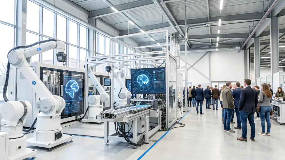 Imagen genérica de un entorno industrial moderno con elementos de inteligencia artificial y tecnología cuántica.