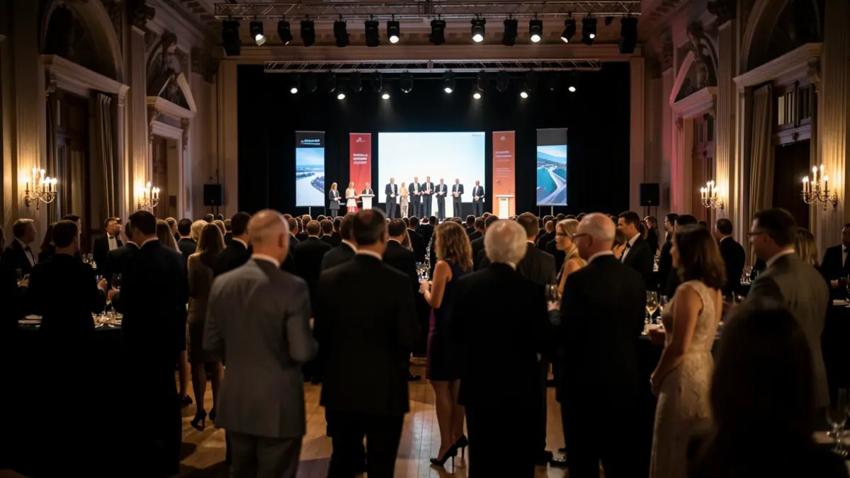 Generic image of an event hall with people mingling and a stage in the background.