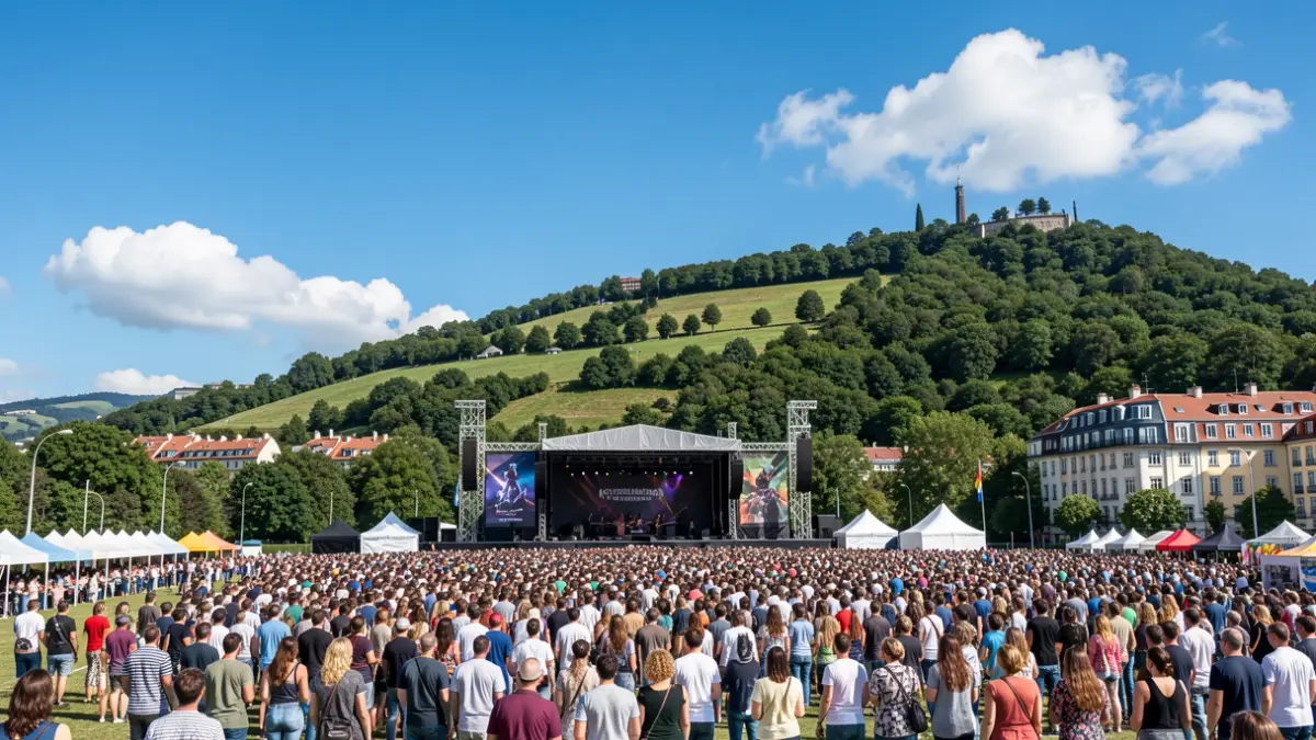 Imagen panorámica de la colina de Kobetamendi en Bilbao, con un escenario para un festival de música.